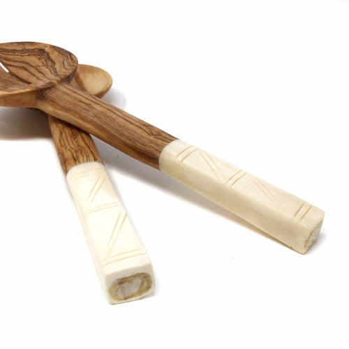 Olive Wood Salad Servers with Bone Handles, White with Square Design Home Decor Supply | Online Retail | ShoreShopper.com