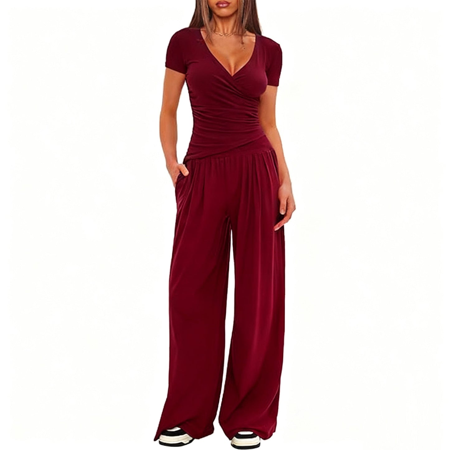 2 Pieces Women's V Neck Short-sleeve Sportswear Top And Wide-leg Pants Set Casual Comfortable Outfit Set For Daily Wear Gym Sports Outfit Home Decor Supply | Online Retail | ShoreShopper.com
