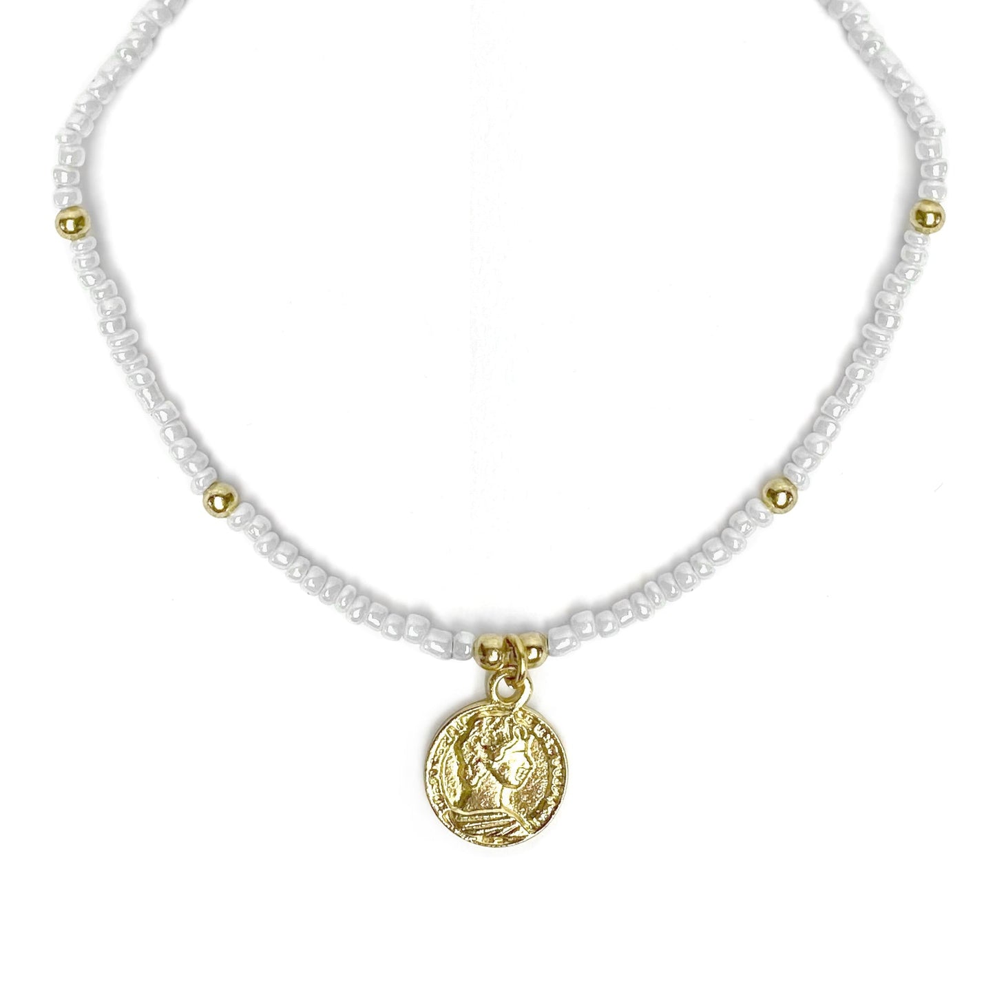 White Glass Bead Choker with Brass Coin Pendant Home Decor Supply | Online Retail | ShoreShopper.com