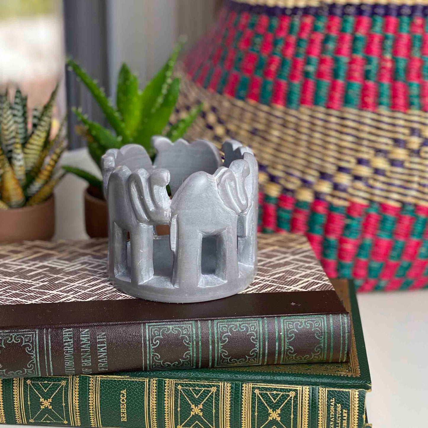 Circle of Elephants Soapstone Sculpture, 3 to 3.5-inch - Dark Stone Home Decor Supply | Online Retail | ShoreShopper.com