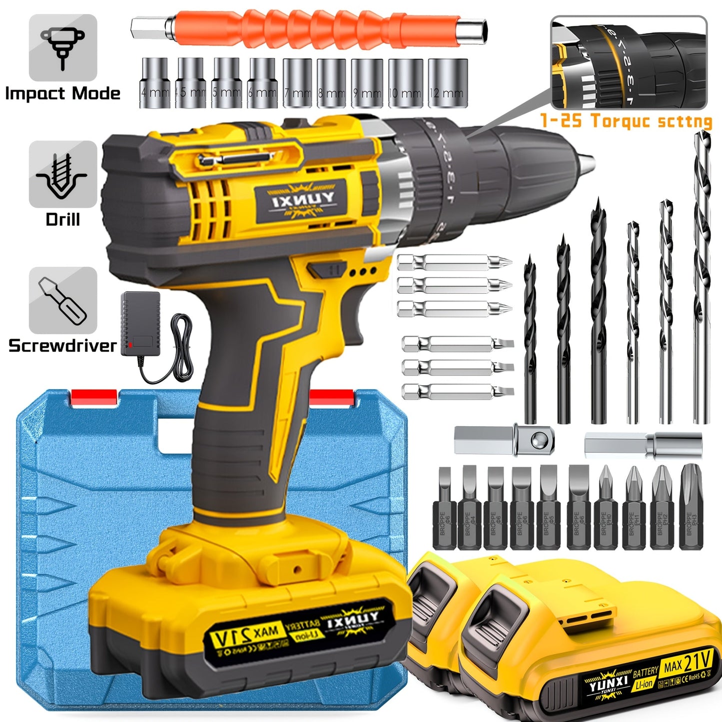 21V Multi-function Impact Drill Set Wireless Power w/ Battery And Quick Charger Home Decor Supply | Online Retail | ShoreShopper.com