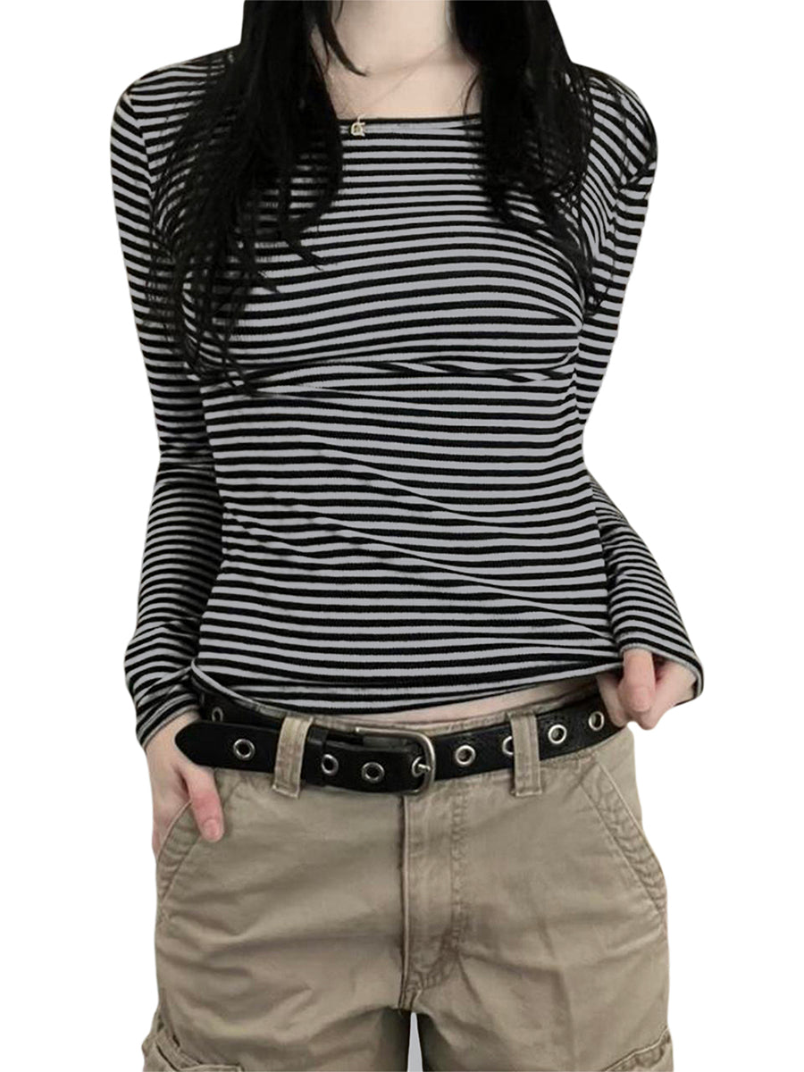 Long Sleeve Shirts for Women Fashion Casual Basic Crew Neck Striped Slim Fit T-shirt Going Out Blouses Y2K Vintage Tight Shirts Your Coastal Marketplace | Shoreshopper.com