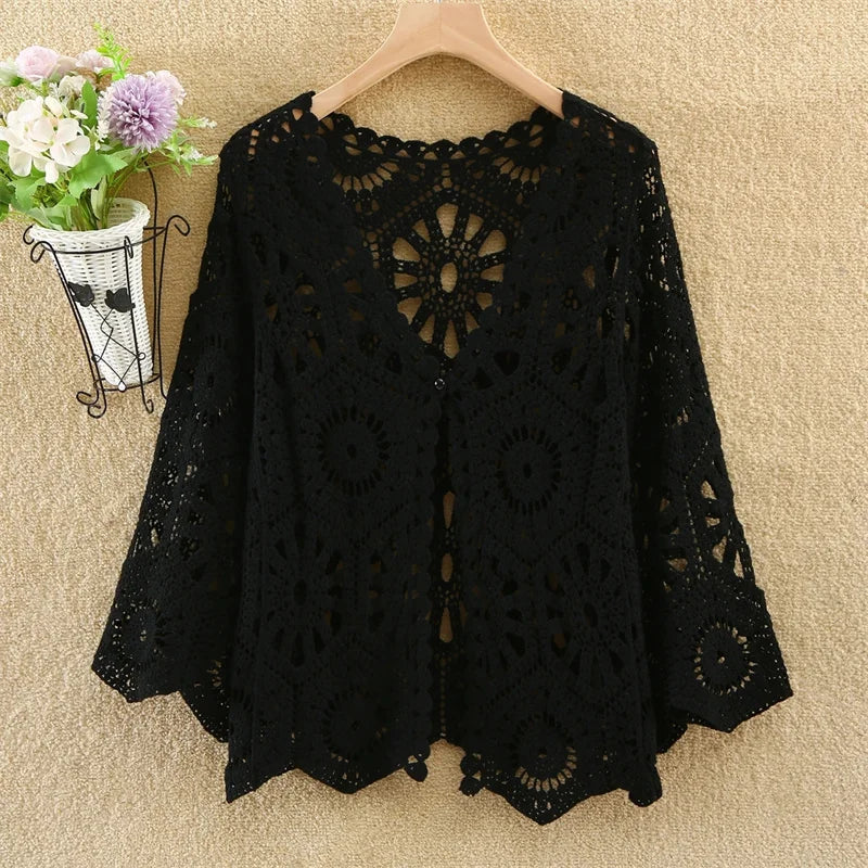 Women's Shirt 2025 Hollow out New Female Coat Knitted Shirt Lace Thin Hook Flower Loose Solid Color Fashion Top Hoodie Versatile Your Coastal Marketplace | Shoreshopper.com
