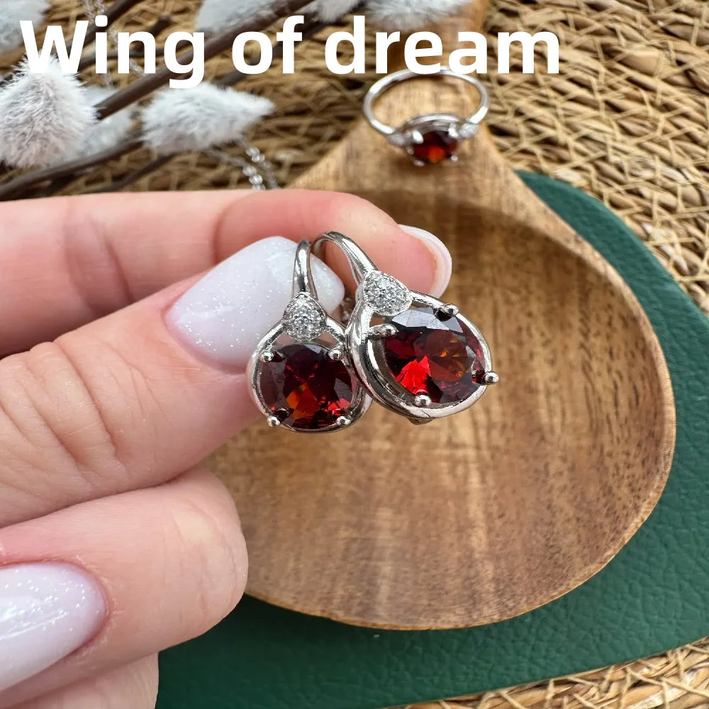 Luxury 925 Sterling Silver Jewelry Set, Inlaid With Red Crystal Zircon Necklace Earrings Ring Fashion Women's Couple Jewelry Set Home Decor Supply | Online Retail | ShoreShopper.com