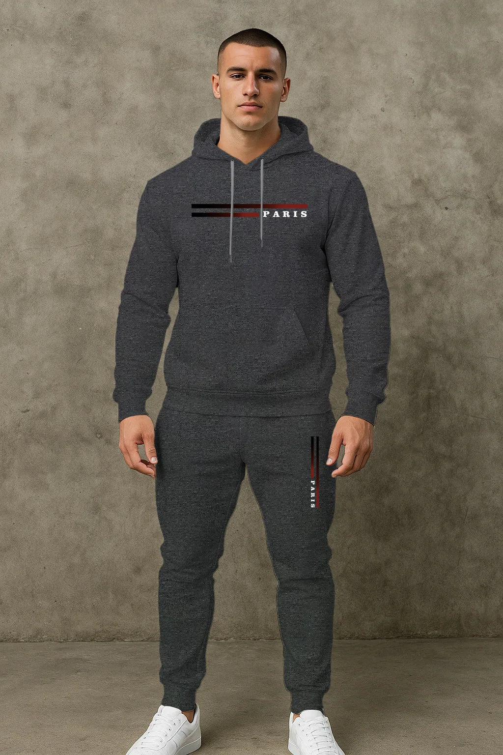 Men's Classic Personalized Fashion Paris Alphabet Stripe Printed Machine Washable Hooded Sweatshirt and Pants Casual Sports Set Home Decor Supply | Online Retail | ShoreShopper.com