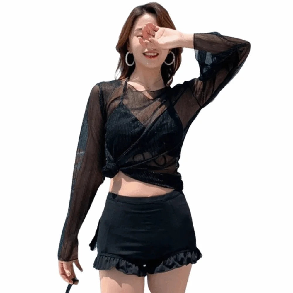 Beachwear Ruffles Bikini Set Slim Fit Lace-up Long Sleeve Swimsuit Sun Protection Transparent Pullover Swimming Suit Resort Your Coastal Marketplace | Shoreshopper.com
