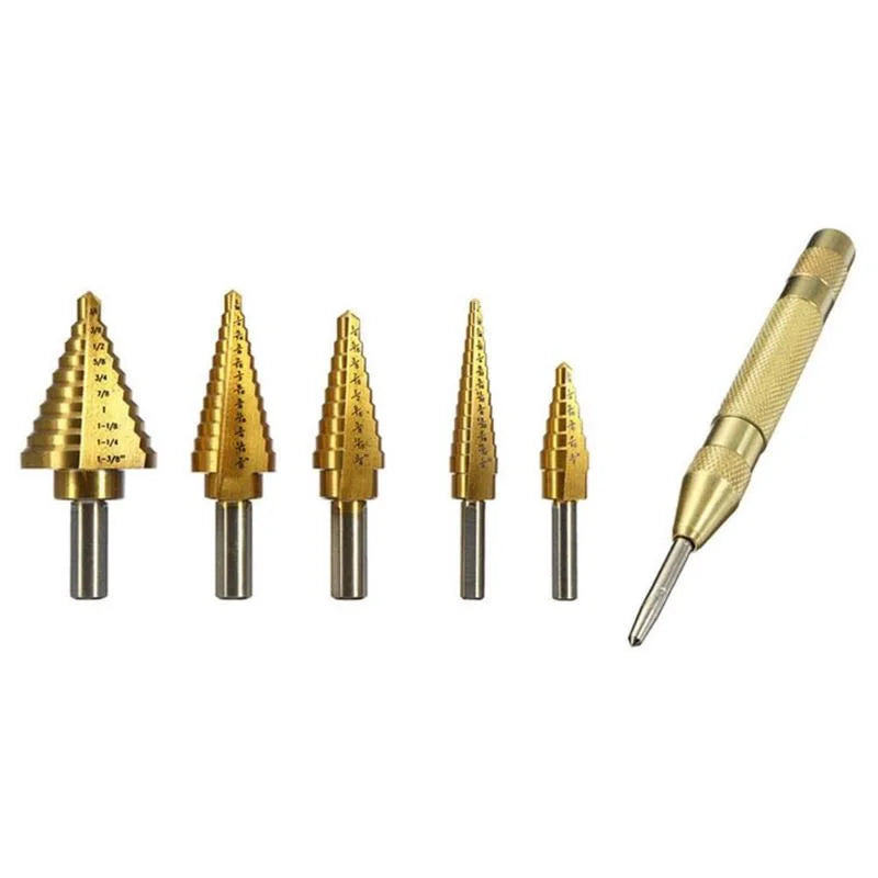 Step Drill Bit Set 5-Piece Titanium-Coated High Speed Steel with Automatic Center Punch for Drilling Sheet Metal Step Drill Bit Home Decor Supply | Online Retail | ShoreShopper.com