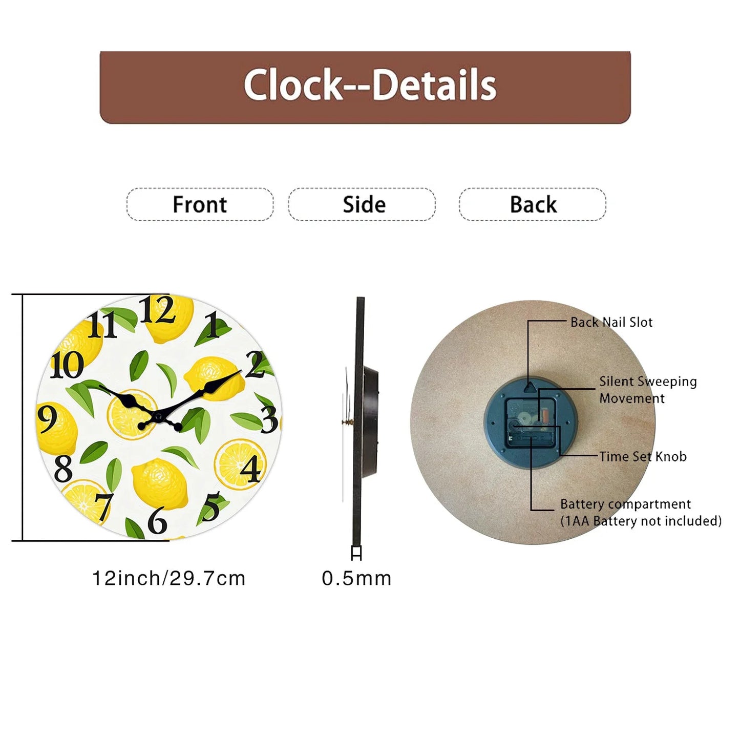 1pc wooden wall clock, yellow lemon and green leaf design wall clock, family mute clock, living room bedroom study decoration Home Decor Supply | Online Retail | ShoreShopper.com