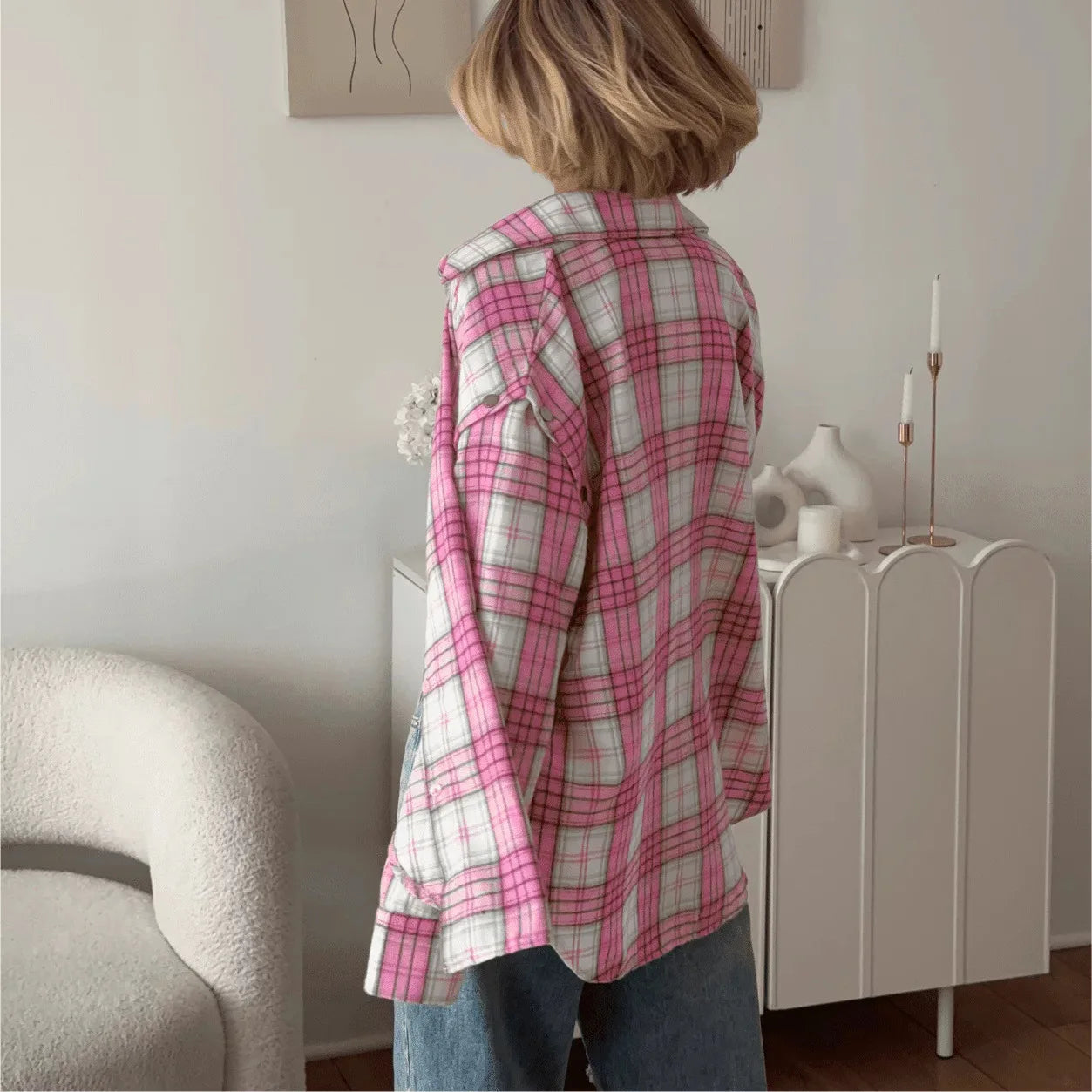 Pink Plaid Shirt for Women in Europe and America New Versatile Loose Shirt for Women Removable Long-sleeved Lapel Top Home Decor Supply | Online Retail | ShoreShopper.com
