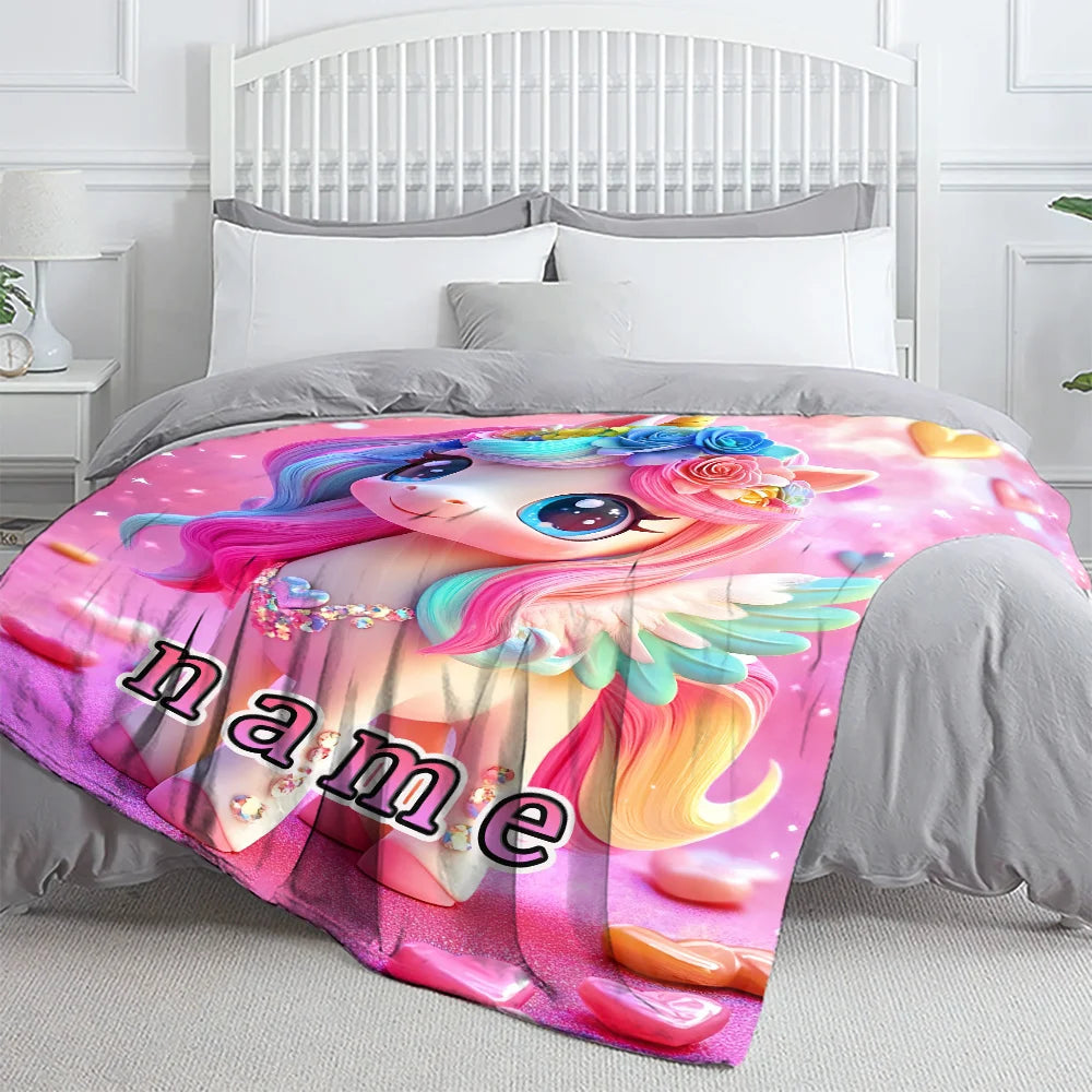 Customizable unicorn blanket with sparkling rainbow mane, soft and lightweight pink flannel blanket, personalized name options Your Coastal Marketplace | Shoreshopper.com