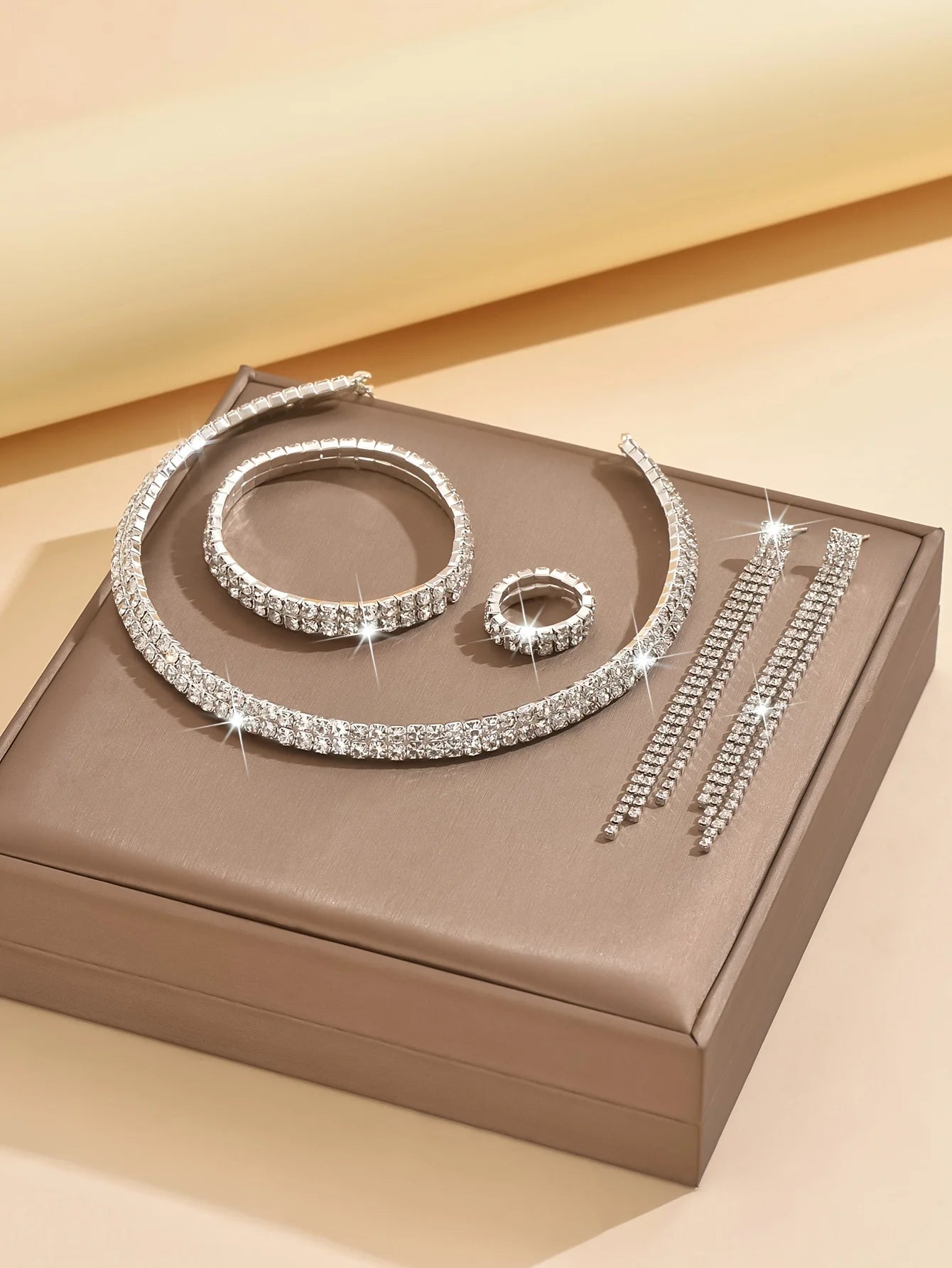 5pcs Luxurious Rhinestone Jewelry Set for Women,Choker, Earrings, Stretch Bracelet & Ring for Weddings, Banquets & Parties Home Decor Supply | Online Retail | ShoreShopper.com