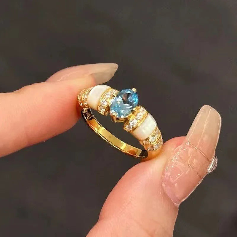 Classic blue jewelry sets dreamy aquamarine gem White Fritillaria ring necklace High quality palace style retro wedding gift Home Decor Supply | Online Retail | ShoreShopper.com