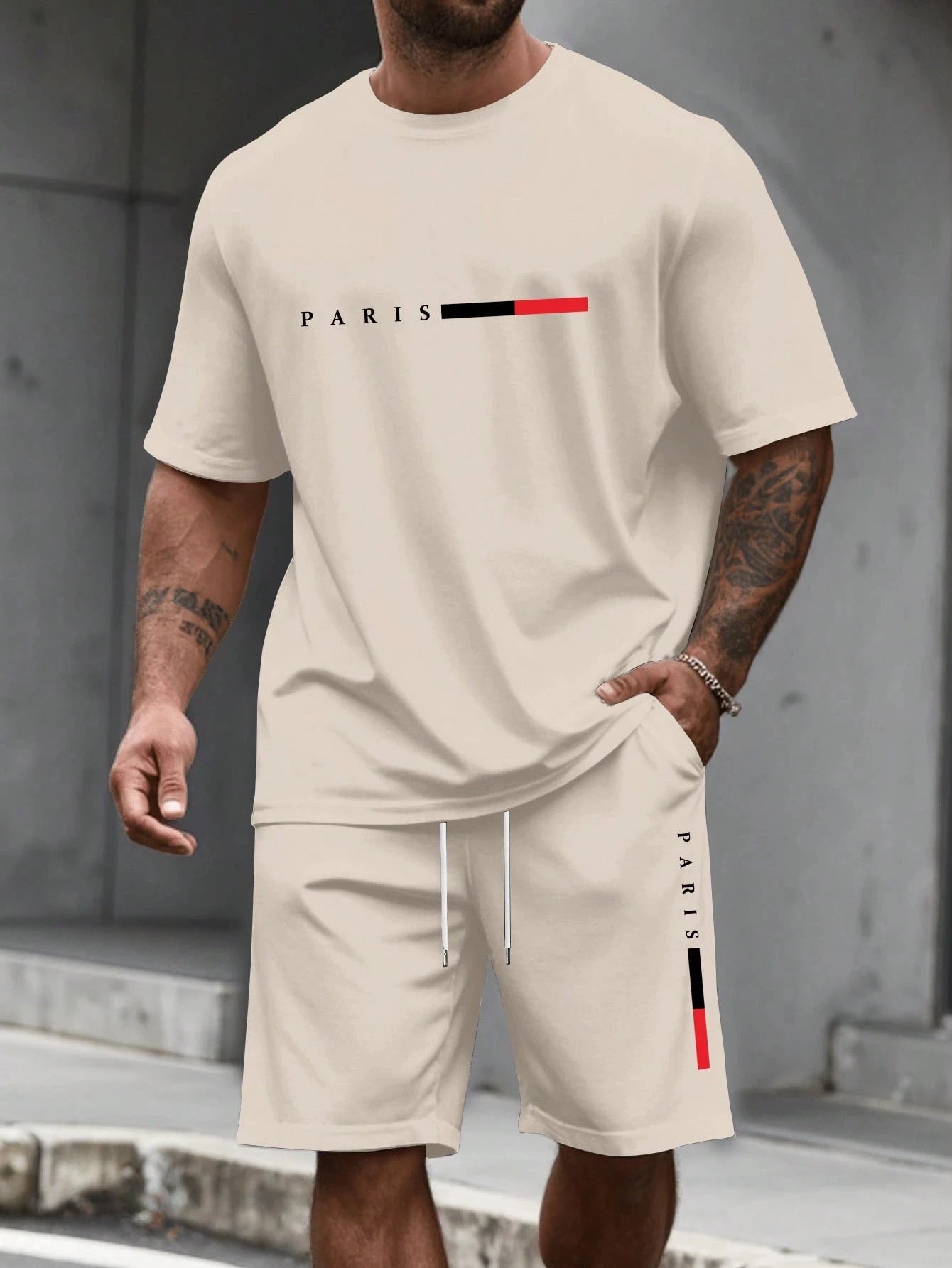 Paris Letter Print Men Spring and Summer Two Pieces Set Casual Round Neck Short Sleeve T-shirt Shorts Sport Suit Print Clothing Home Decor Supply | Online Retail | ShoreShopper.com