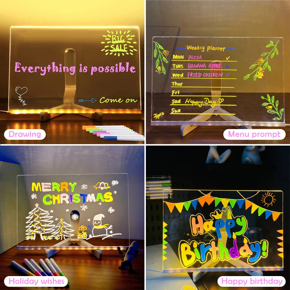 LED Note Board With Night Light 7 Colors Pen Acrylic Message Board DIY Children‘s Illuminated Drawing Board Kids Birthday Gift - ShoreCo.Shop