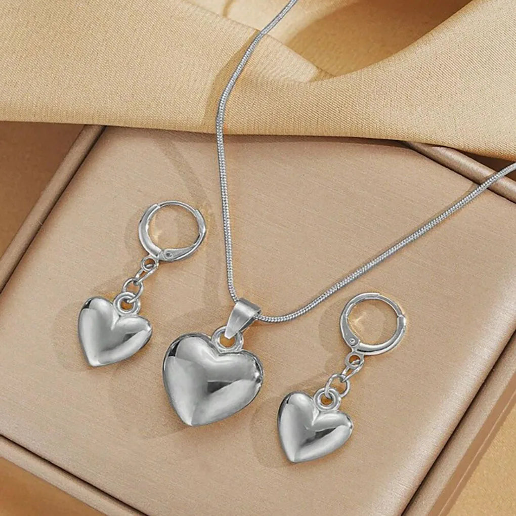 Glossy Gold Plated Metal Love Heart Dangle Earrings Necklace Jewelry Set for Women Simple Dainty Daily Wear Outfit Accessories Home Decor Supply | Online Retail | ShoreShopper.com
