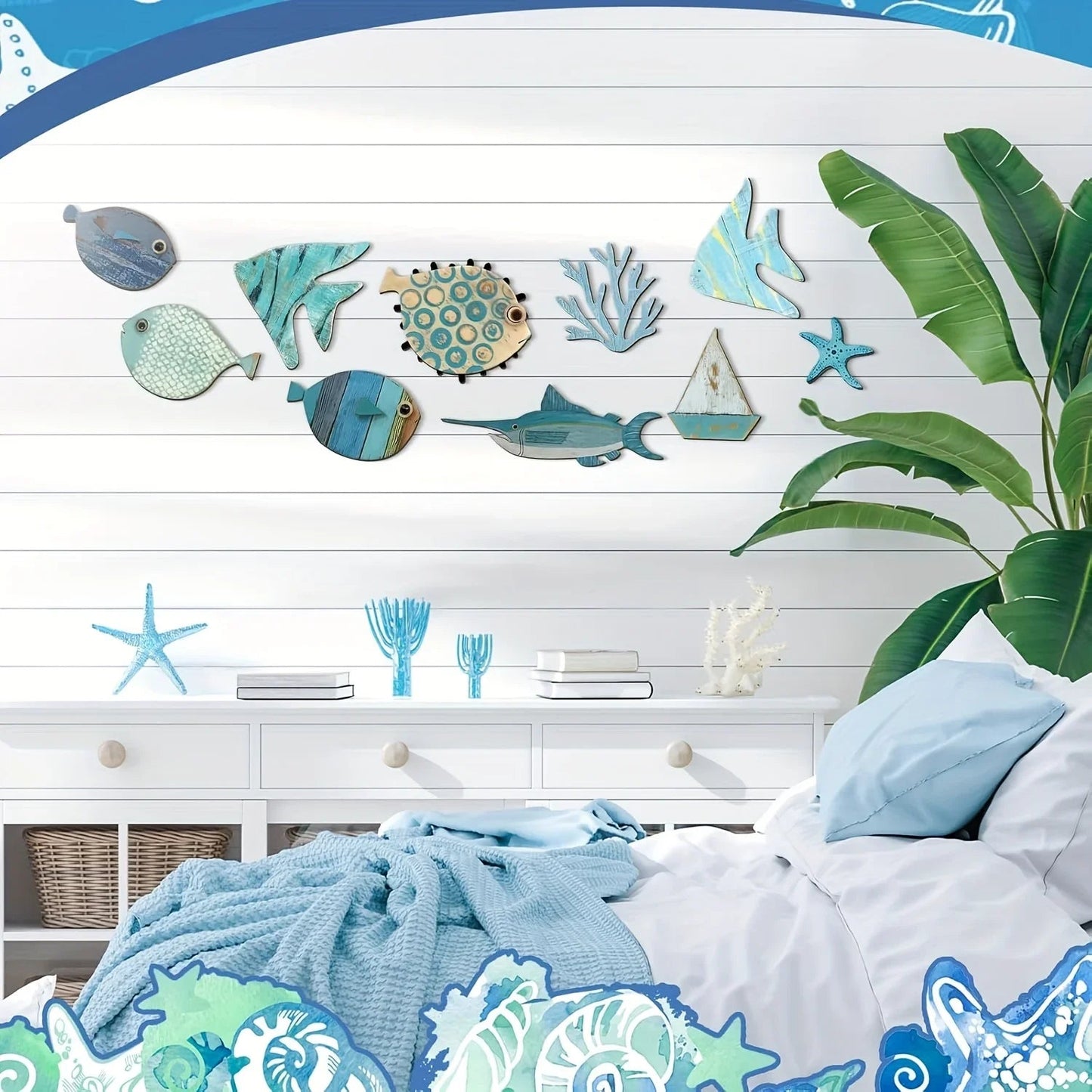 Nautical Coastal Ocean Home Wall Decor 10pcs Wooden Fish Hanging Ornament Non-3D Cute Pattern Beach Theme Bathroom Art Decor Your Coastal Marketplace | Shoreshopper.com