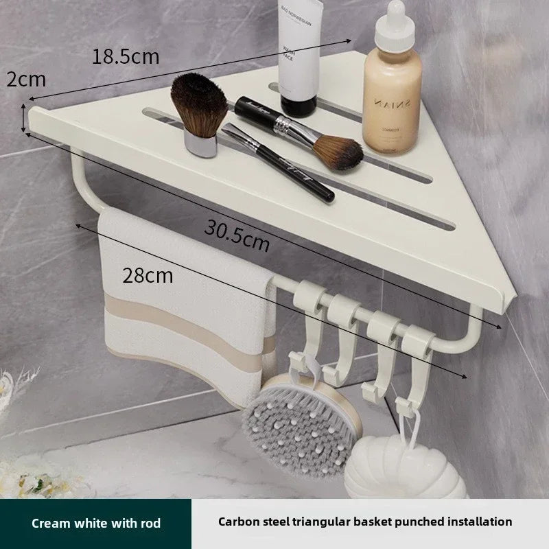 Bathroom Triangle Drain Shelf No Drilling Wall Mounted Cosmetic and Toiletries Hollow Carbon Steel Shelf with Hooks Home Decor Supply | Online Retail | ShoreShopper.com