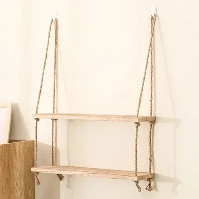 1PC 1/2/3-tier Wooden Floating Shelves for Wall Plant Flower Hanging Rope Storager Wall Shelf Kitchen Storage Home Decor Supply | Online Retail | ShoreShopper.com