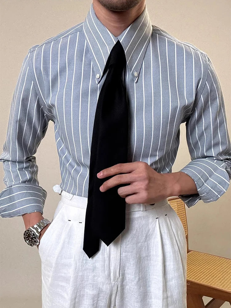 Vintage Striped Printed Slim Shirts Mens Casual Long Sleeve Lapel Buttoned Shirt 2025 Spring Fall Mens Shirt Naple Style Clothes Home Decor Supply | Online Retail | ShoreShopper.com