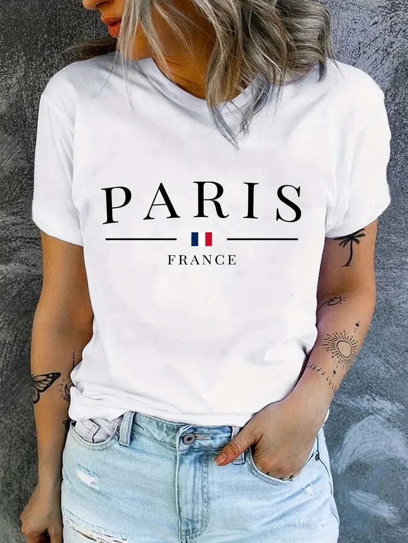 PARIS Print T-shirt, Short Sleeve Crew Neck Casual Top For Summer & Spring, Women's Clothing Home Decor Supply | Online Retail | ShoreShopper.com