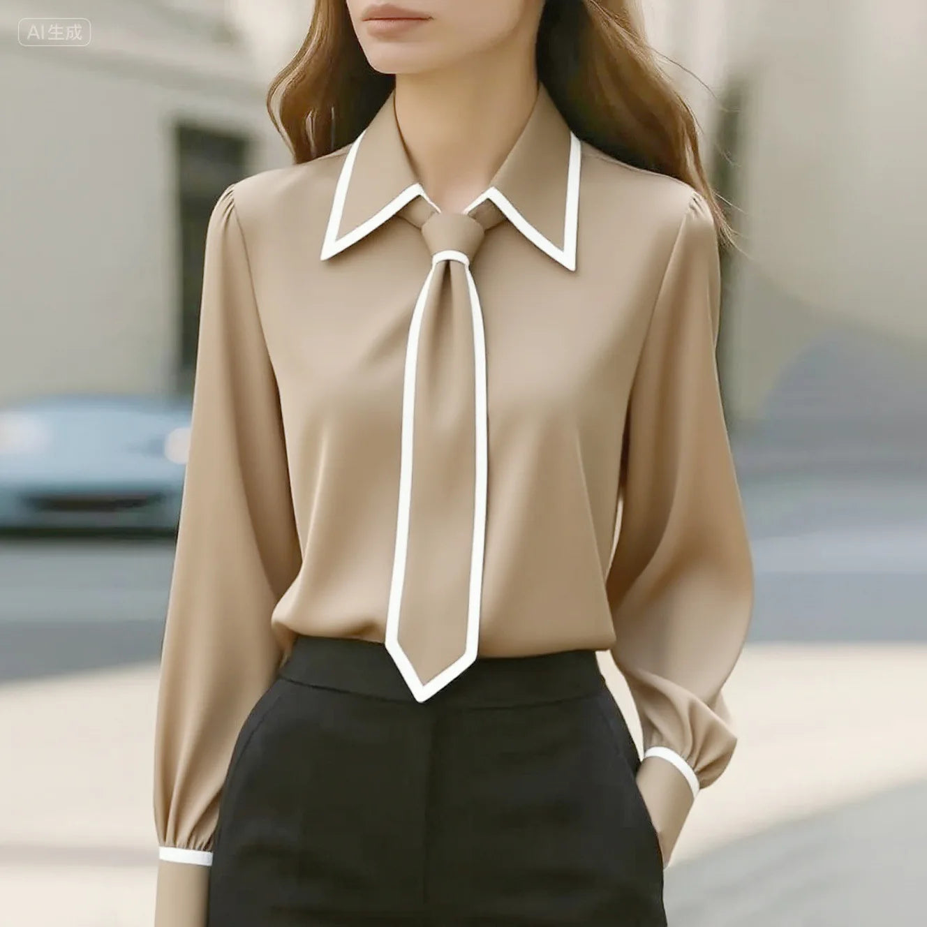 Women's Blouse Fashion Shirt Formal Bow Tie Long-sleeve Contrasting Trim Tops Slim-fit Workwear Elegant Office Lady Shirts Women Your Coastal Marketplace | Shoreshopper.com
