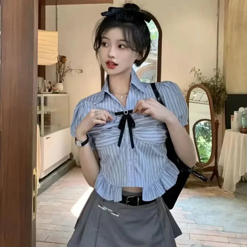 Bow-rinked Striped Shirt for Women Summer French Sweet and Spicy Puff Sleeve Shirt Short Short Sleeve Top Home Decor Supply | Online Retail | ShoreShopper.com