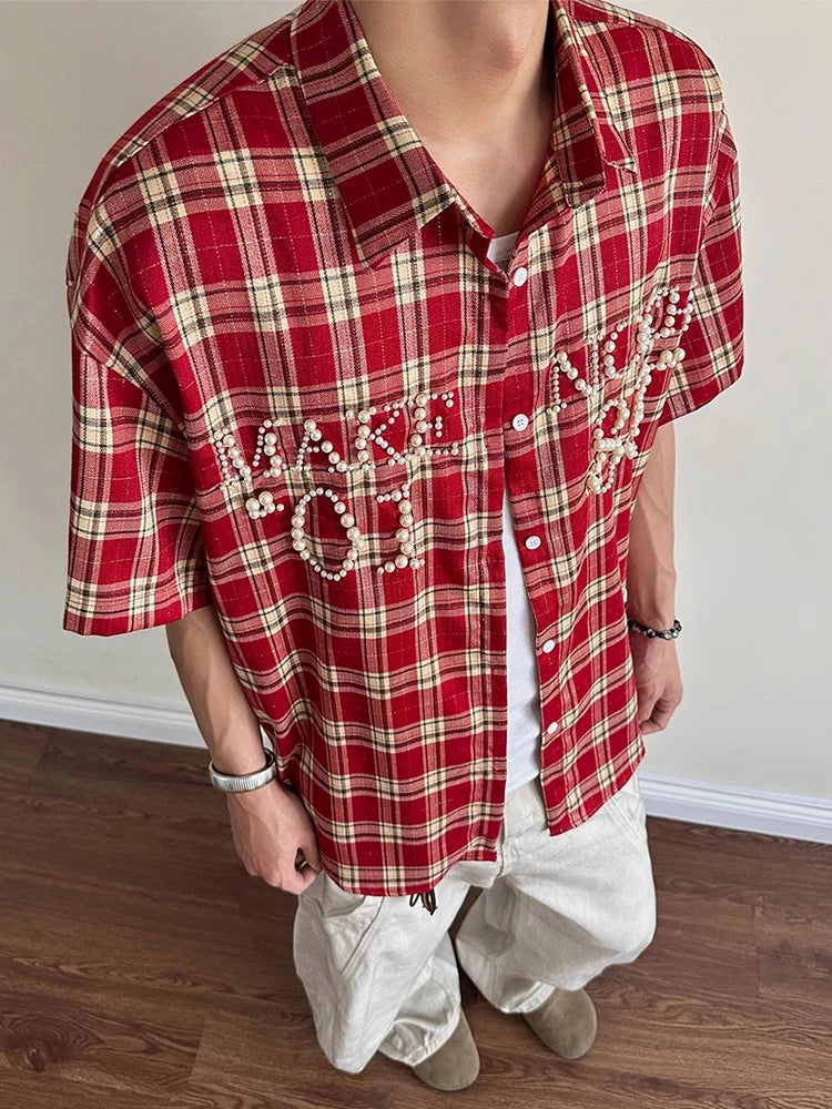 Trendy Pearls Stitching Shirts For Men 2025 Summer New Casual Plaid Shirt Mens Vintage Button-up Turn-down Collar Cardigan Tops Home Decor Supply | Online Retail | ShoreShopper.com