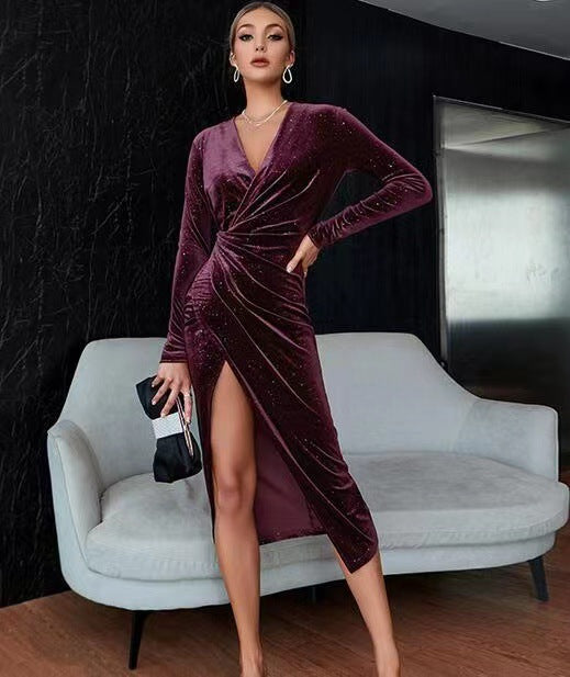 Women's Elegant V-neck Asymmetric Skirt Dress Long Sleeve Gold Velvet Evening Dresses For Christmas New Year Valentine's Day Dating Home Decor Supply | Online Retail | ShoreShopper.com