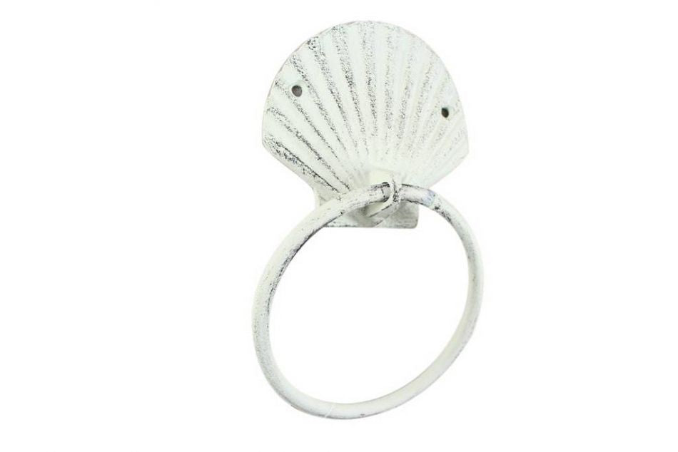 Rustic Whitewashed Cast Iron Seashell Towel Holder 8.5"" Home Decor Supply | Online Retail | ShoreShopper.com