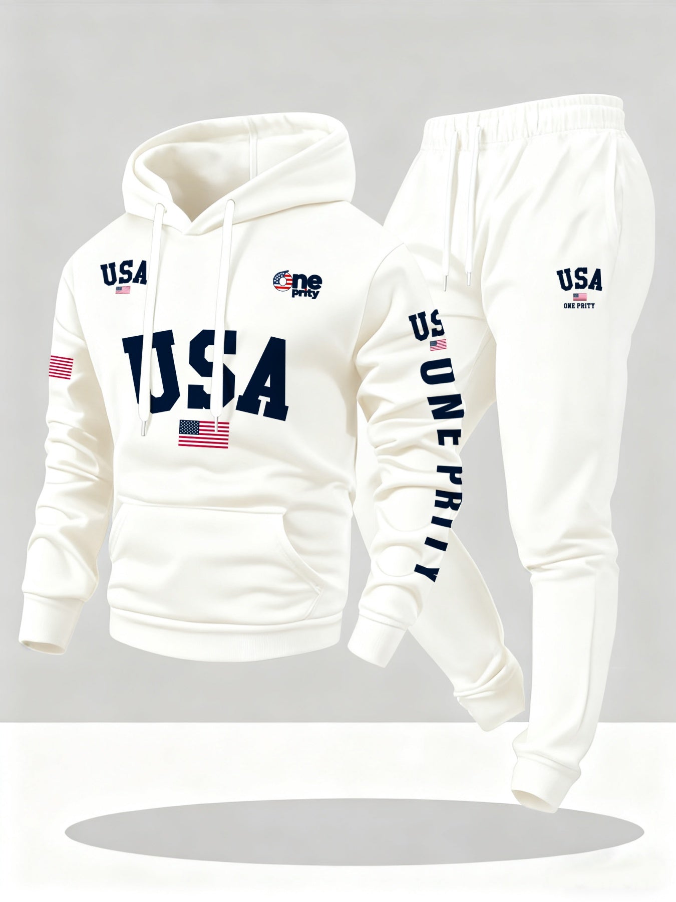 Men'S USA Flag Print Hoodie & Sweatpants Two-Piece Set - White with Red, White & Blue Design, Comfortable Warm Casual Streetwear Outfit, Regular Fit, Long Sleeve Home Decor Supply | Online Retail | ShoreShopper.com