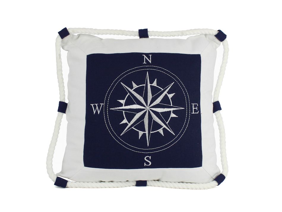 Blue Compass With Nautical Rope Decorative Throw Pillow 16"" Home Decor Supply | Online Retail | ShoreShopper.com