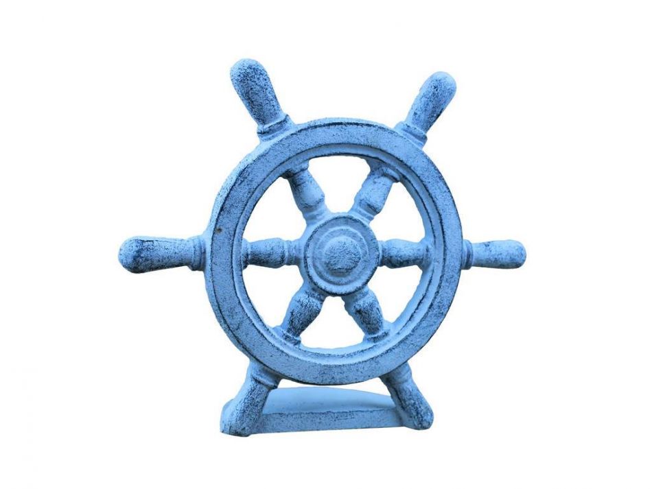 Dark Blue Whitewashed Cast Iron Ship Wheel Door Stopper 9"" Home Decor Supply | Online Retail | ShoreShopper.com