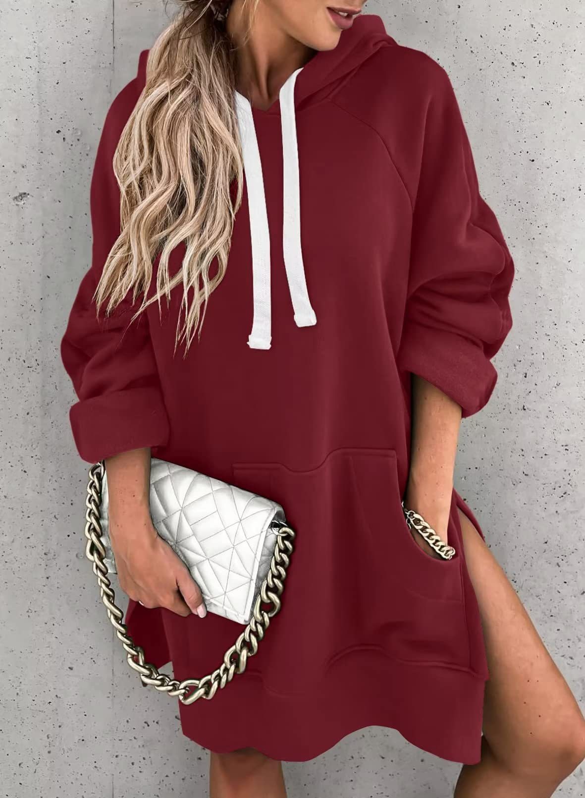 Women's Hooded Sweatshirt With Pockets Fashion Casual Split Mid-length Sweater Drawstring Tops Home Decor Supply | Online Retail | ShoreShopper.com