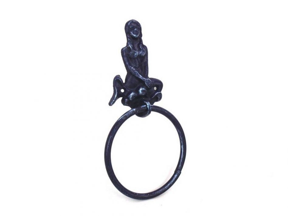 Rustic Dark Blue Cast Iron Mermaid Towel Holder 8.5"" Home Decor Supply | Online Retail | ShoreShopper.com