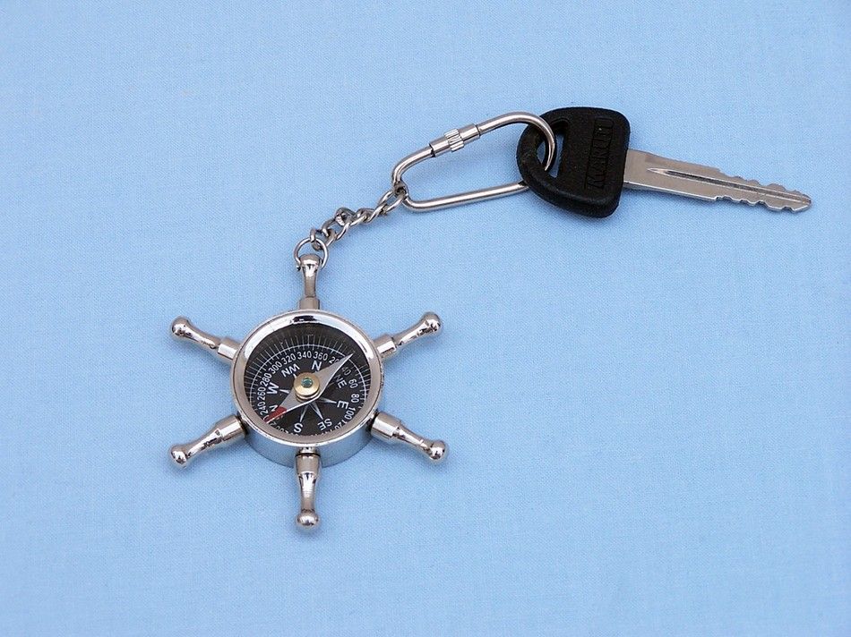 Chrome Ship Wheel Compass Key Chain 5"" Home Decor Supply | Online Retail | ShoreShopper.com