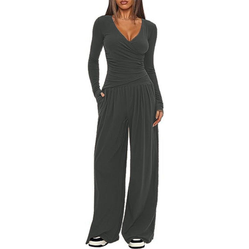 2 Pieces Women's V Neck Long-sleeve Sportswear Top And Wide-leg Pants Set Casual Comfortable Outfit Set For Daily Wear Gym Sports Outfit    Home Decor Supply | Online Retail | ShoreShopper.com