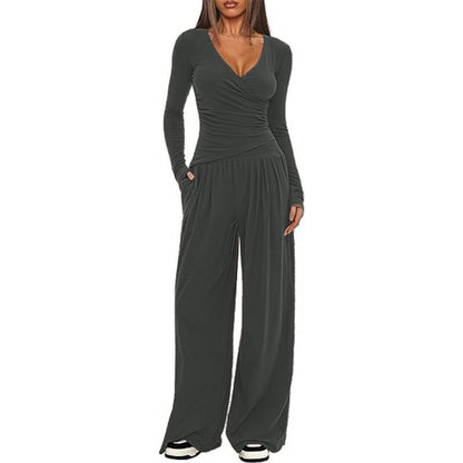 2 Pieces Women's V Neck Long-sleeve Sportswear Top And Wide-leg Pants Set Casual Comfortable Outfit Set For Daily Wear Gym Sports Outfit    Home Decor Supply | Online Retail | ShoreShopper.com