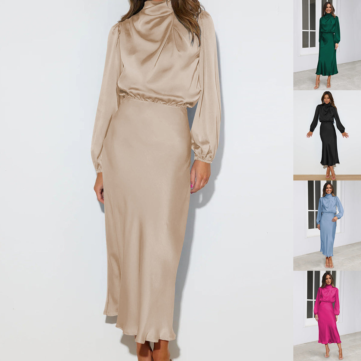 Elegant Temperament Long-sleeved Dress Satin Halterneck Formal Evening Dresses Women Clothing    Home Decor Supply | Online Retail | ShoreShopper.com