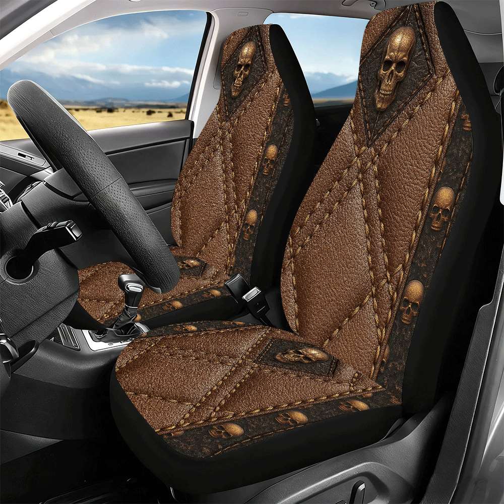 2pcs Brown Skull Car Seat Covers Suitable for Front Seats, High Back Design, Material, Suitable for Cars, SUVs and Trucks, Women's Car Accessories, Christmas Eve Scares, Halloween, Special Promotion Clearance.    Home Decor Supply | Online Retail | ShoreShopper.com