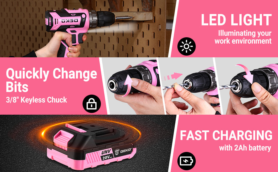 DEKO Pink Drill Tool Kit Set: 20V Cordless Power Drill Tool Box with Battery Electric Drill Driver    Home Decor Supply | Online Retail | ShoreShopper.com