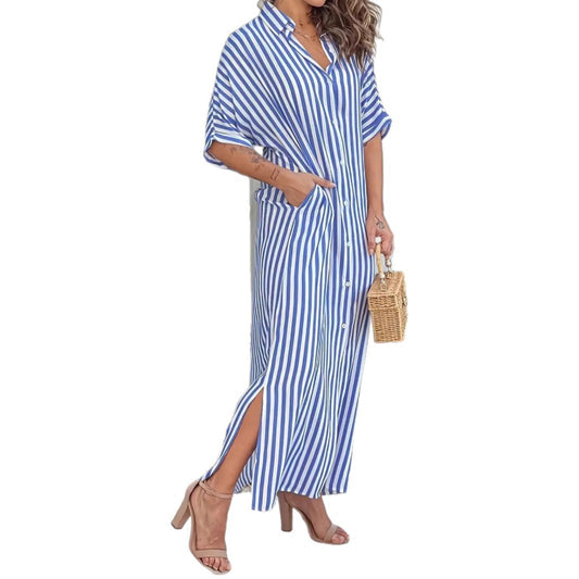 Elegant Casual Striped Shirt Dress - Lightweight 3/4 Sleeve Midi Dress    Home Decor Supply | Online Retail | ShoreShopper.com