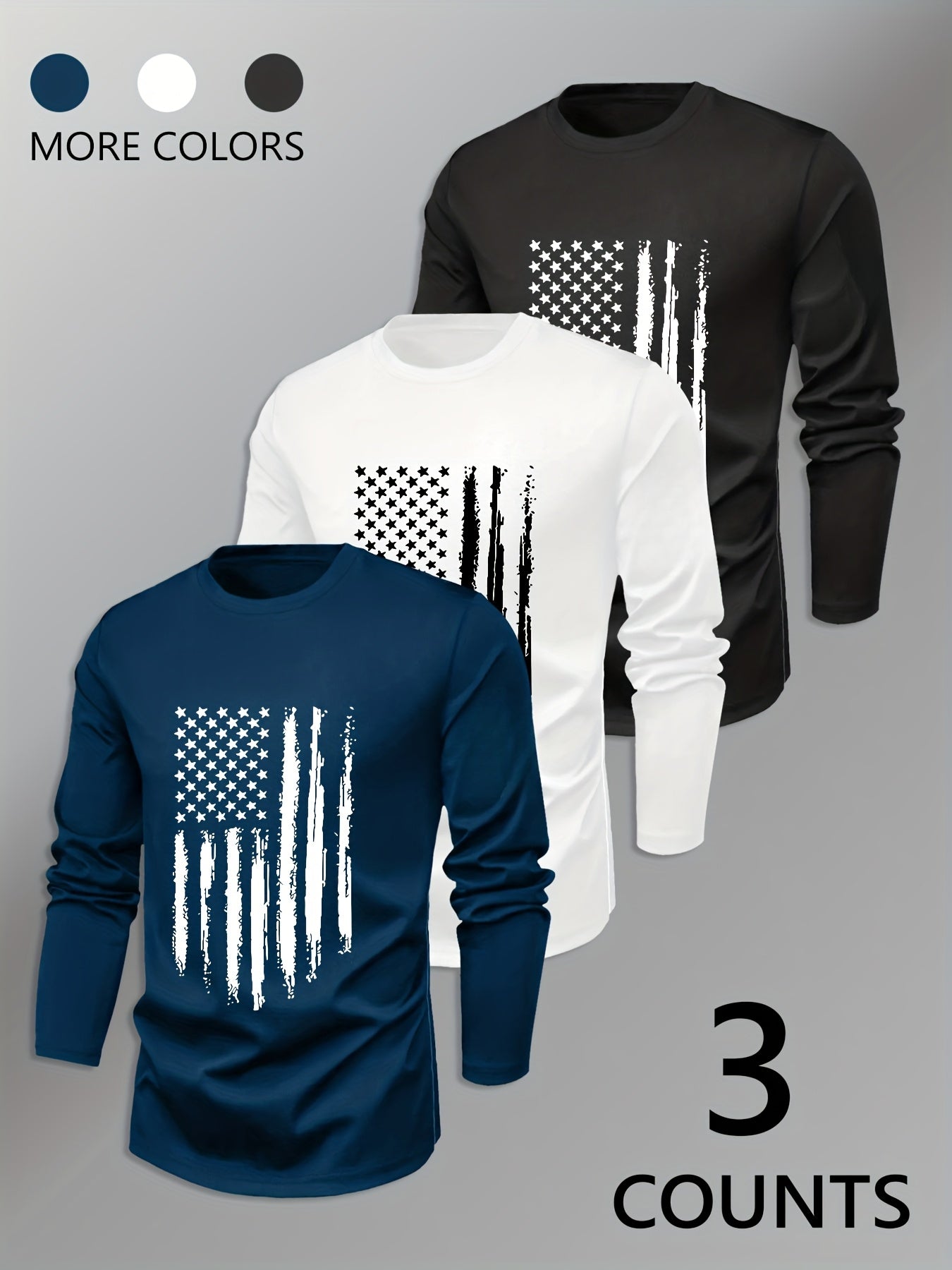 3pcs Men's Navy& Striped Long-Sleeve Tees: Crew Neck, Geometric Flag Pattern. Breathable Quick-Dry, Sweat-Absorbing, Durable Regular Fit. Classic Stylish Sportswear, Comfortable Basic Layer for Home/Daily Wear - Men's Versati    Home Decor Supply | Online Retail | ShoreShopper.com