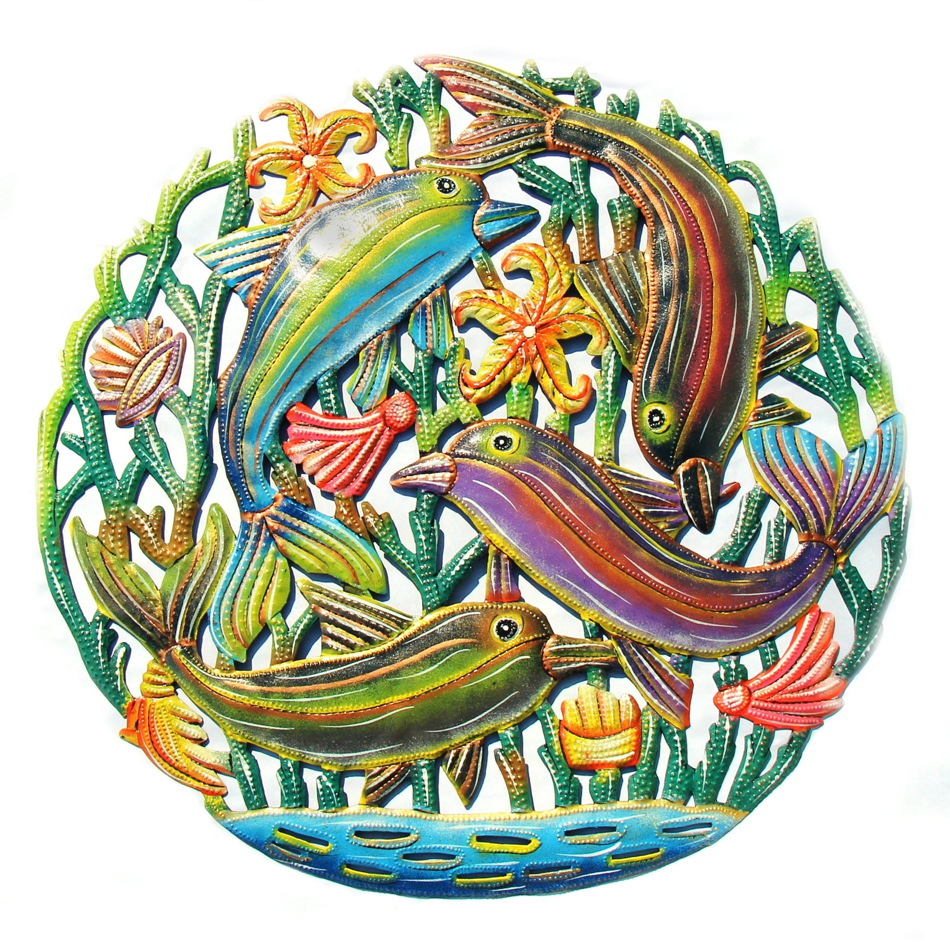 Coastal Playful Dolphins Haitian Metal Drum Wall Art    Home Decor Supply | Online Retail | ShoreShopper.com