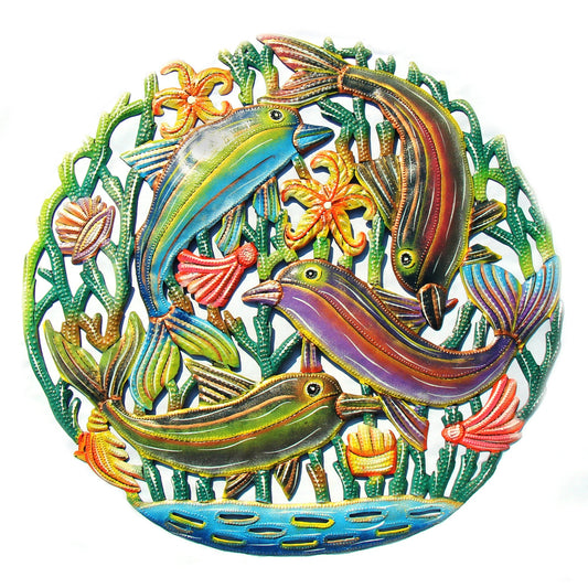 Coastal Playful Dolphins Haitian Metal Drum Wall Art    Home Decor Supply | Online Retail | ShoreShopper.com