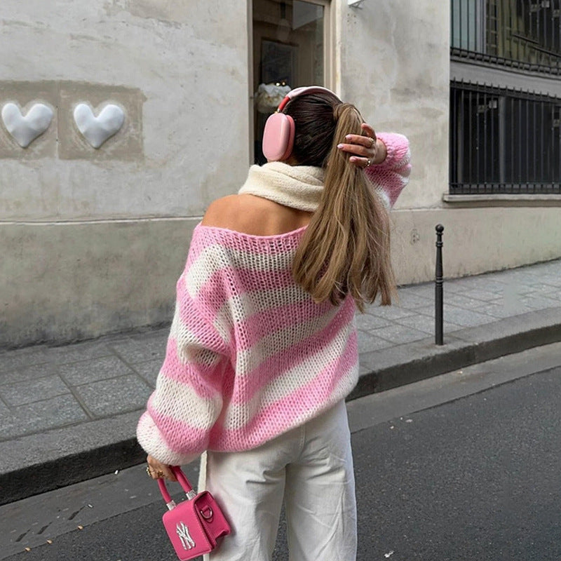 Loose Striped Pullover Sweater Fashion Versatile Long-sleeved Knitted Tops For Women Clothing    Home Decor Supply | Online Retail | ShoreShopper.com