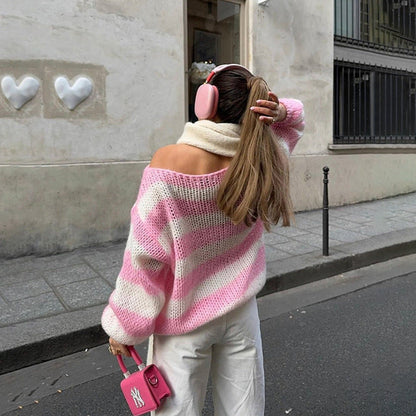 Loose Striped Pullover Sweater Fashion Versatile Long-sleeved Knitted Tops For Women Clothing    Home Decor Supply | Online Retail | ShoreShopper.com