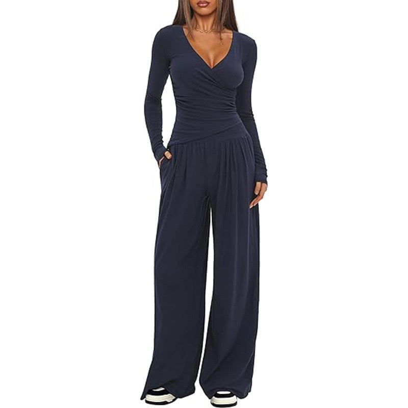 2 Pieces Women's V Neck Long-sleeve Sportswear Top And Wide-leg Pants Set Casual Comfortable Outfit Set For Daily Wear Gym Sports Outfit    Home Decor Supply | Online Retail | ShoreShopper.com