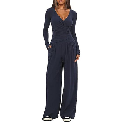 2 Pieces Women's V Neck Long-sleeve Sportswear Top And Wide-leg Pants Set Casual Comfortable Outfit Set For Daily Wear Gym Sports Outfit    Home Decor Supply | Online Retail | ShoreShopper.com