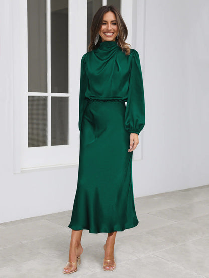 Elegant Temperament Long-sleeved Dress Satin Halterneck Formal Evening Dresses Women Clothing    Home Decor Supply | Online Retail | ShoreShopper.com