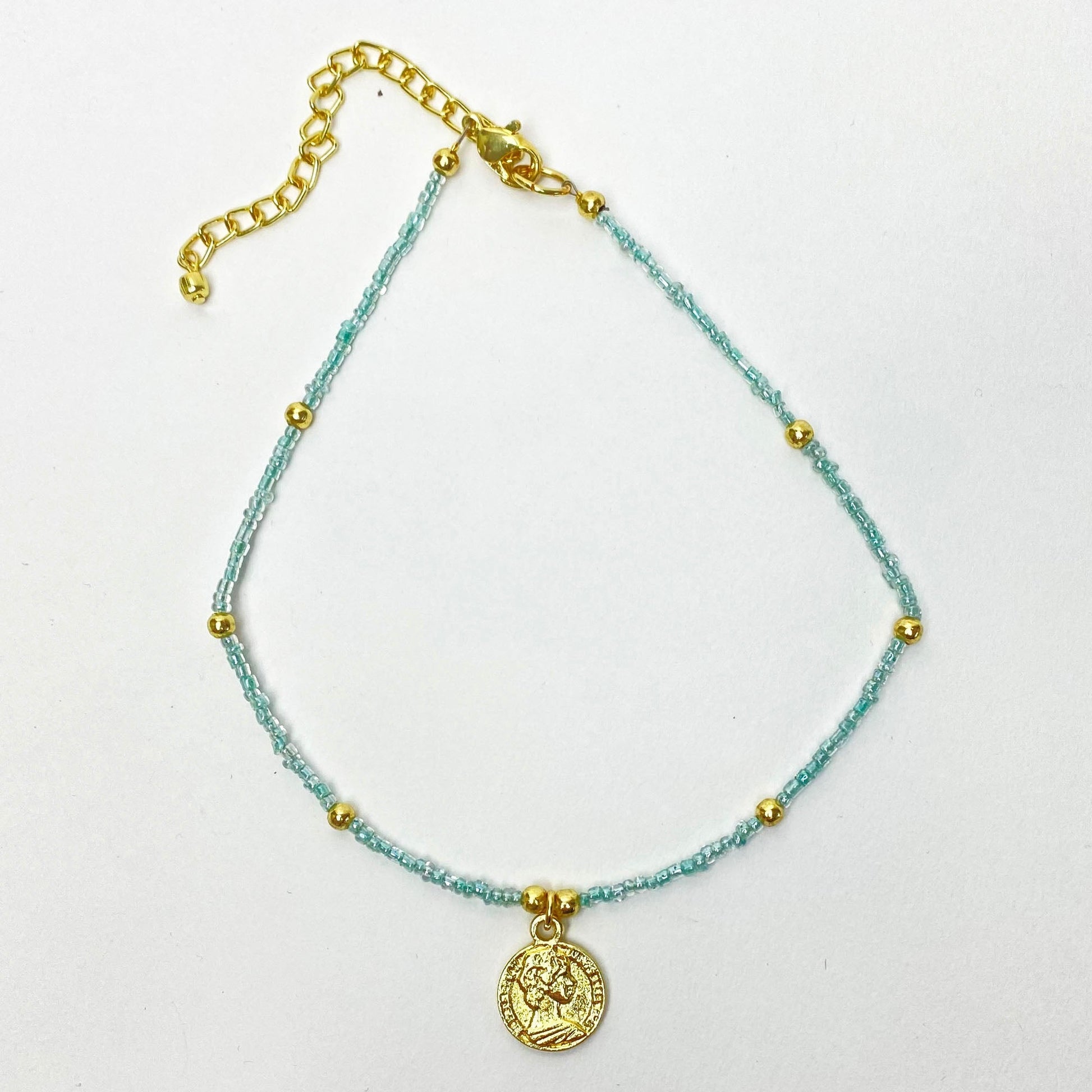 Baby blue Glass Bead Choker with Brass Coin Pendant    Home Decor Supply | Online Retail | ShoreShopper.com
